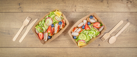 Vegetable salad in the brown kraft paper food containers, Eco friendly food containers