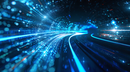 Obraz premium Vivid illustration of a cyber network with blue light streaks and particles, capturing the dynamic flow of digital information, high-speed data transmission. Generative AI illustration 