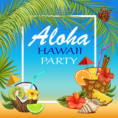 Bright banner with tropical cocktails.Vector illustration with fruit cocktails, palm leaves and frame with text.