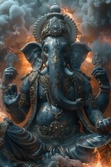 Fototapeta premium Majestic Ganesha Amidst Smoke and Flames