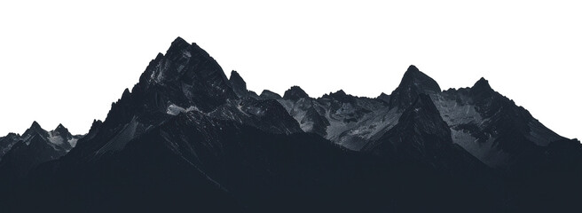 Dark silhouette of mountains in a cloudy day, cut out - stock png.