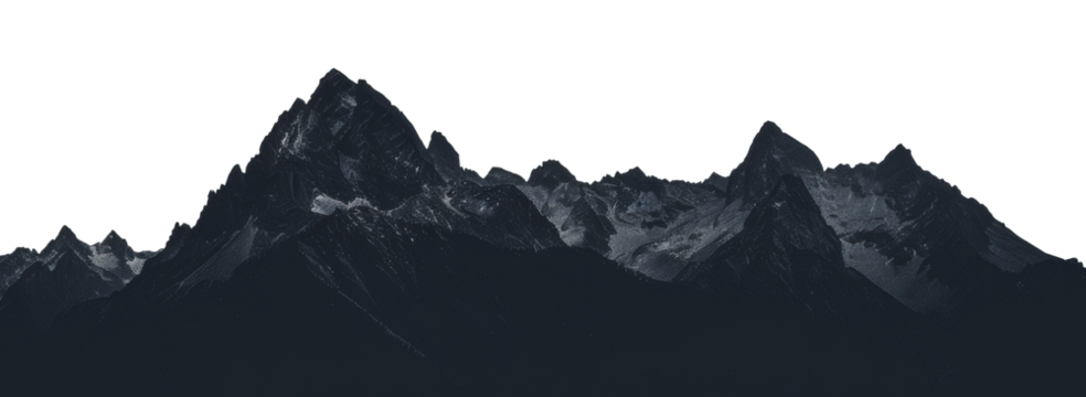 Dark silhouette of mountains in a cloudy day, cut out - stock png.