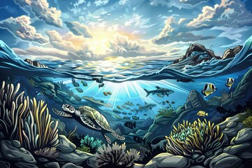 Colorful and vibrant underwater scene with a sea turtle and various types of fish swimming over a coral reef