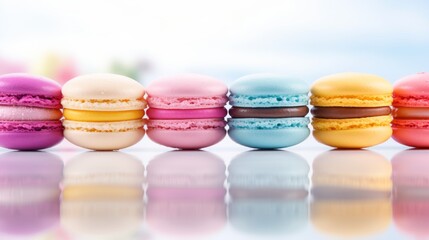 Vibrant macarons on mirrored surface, creating a charming ambiance perfect for sweet desserts