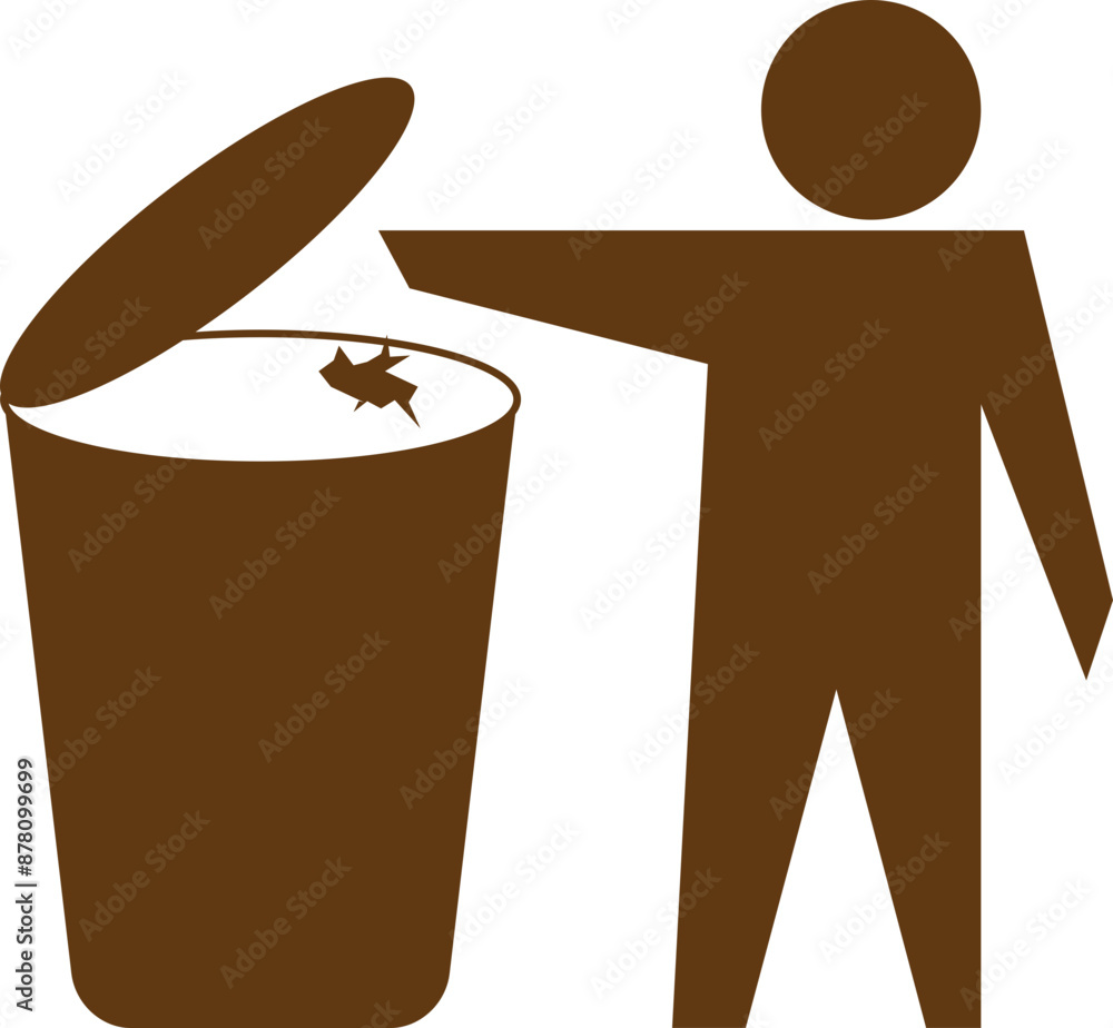 Poster man throwing garbage in dustbin icon.