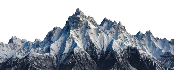 Snow-covered mountain range against a white background, cut out - stock png.