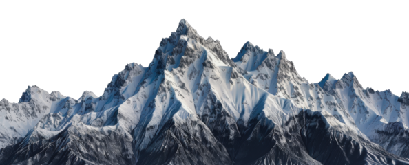 Snow-covered mountain range against a white background, cut out - stock png.