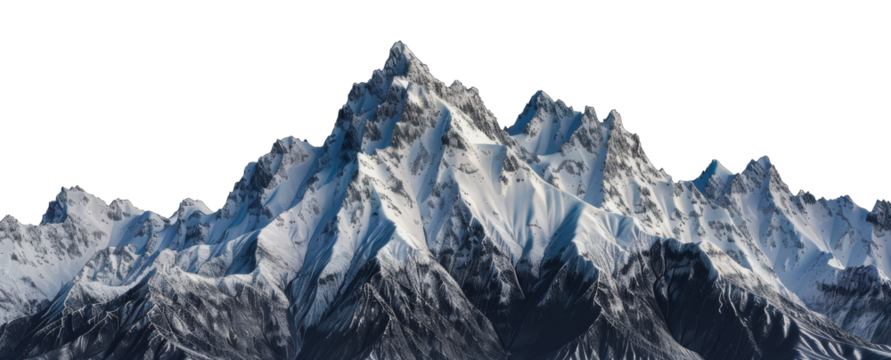 Snow-covered mountain range against a white background, cut out - stock png.