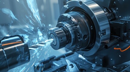 CNC machines turn metal cylinders creating intricate parts with the precision and speed of modern technology and industrial expertise in a mechanical precision style