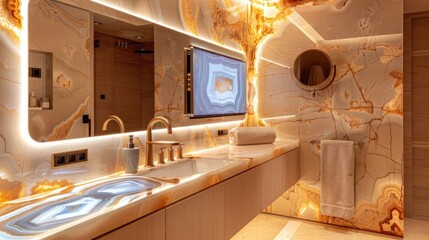 A luxury bathroom with an underlit agate countertop and a mirror that doubles as a smart display