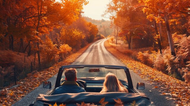 A couple is driving down a road in a convertible car - Powered by Adobe