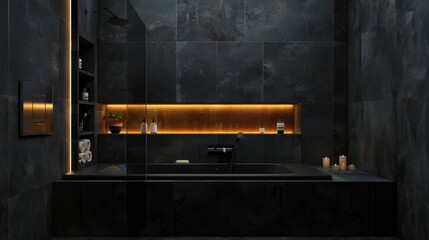 A minimalist bathroom with black matte tiles, a black tub with built-in shelving, and a hidden LED strip