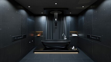 A minimalist bathroom with black satin finish tiles, a black tub with a built-in digital assistant, and a ceiling-mounted smart curtain system
