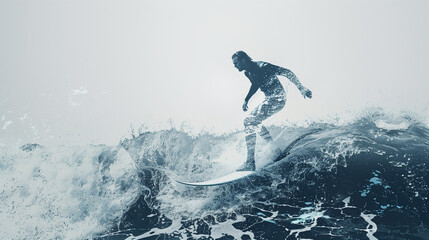 Fototapeta premium An image where ocean waves collide with a surfer on a board, creating a dynamic double exposure.