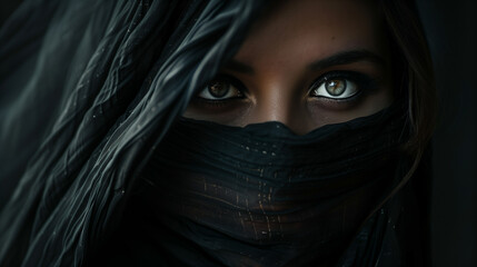 Naklejka premium A woman with her face partially covered by a veil or shawl, which adds mystery and intrigue to the image. Her expressive look in her eyes or her delicate pose may suggest a hidden story.