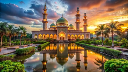 Naklejka premium Serene, beautifully-lit mosque with intricate architecture and ornate domes, surrounded by lush greenery, conveying peace and spirituality, Islamic faith symbol.