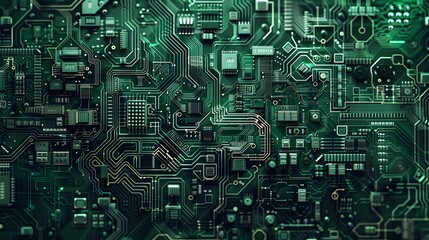 Futuristic Green and Black Circuit Board, High-Tech Electronic Background
