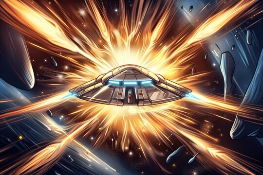 Futuristic spaceship in hyperdrive surrounded by asteroids