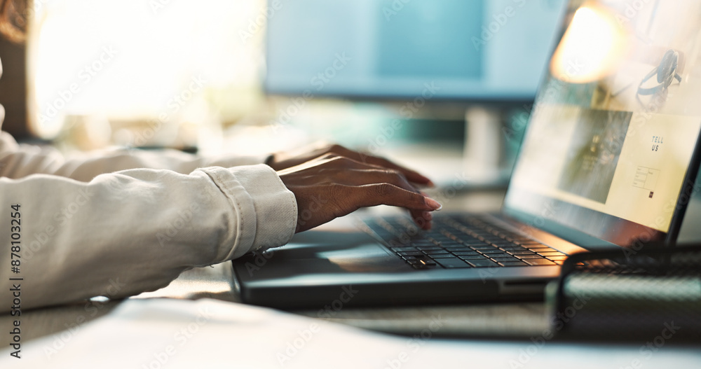 Poster laptop, typing and hands of employee, creative and review for product, online and writer in social m