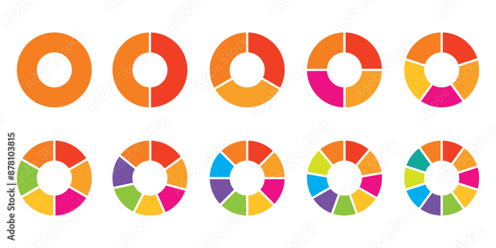 Poster set of infographic circle chart, pies segmented with equal parts, wheels divided in eleven sections.