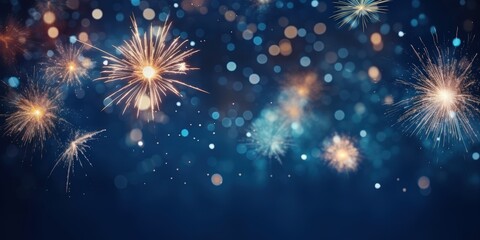 Naklejka premium Sparkling Fireworks Display in the Night Sky,Happy New Year, Beautiful creative holiday background with fireworks and Sparkling