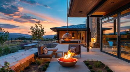 Obraz premium Contemporary ranch with an outdoor seating area featuring a suspended fire orb