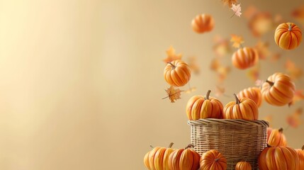 Abundant pumpkins spilling from basket on pastel backdrop, leaving ample room for customized text