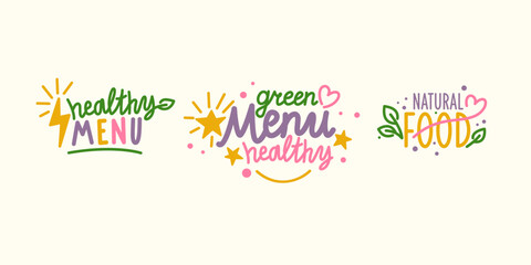 Isolated image on a background. Vector graphics. Healthy food illustration. A set of different labels for food.