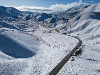Lindis Pass, New Zealand: Aerial drone view of the Lindis pass between Mt Cook region and Wanaka on...
