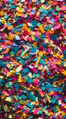 A close-up shot of colorful confetti scattered on a flat surface