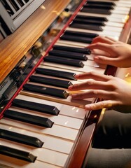 Fototapeta premium Piano Player - Playing the Piano during Concert or Christmas - Romantic Playing of the Piano - Black Grand Piano during a Performance - Classical Instrument in a Orchestra - Closeup of the Player Hand