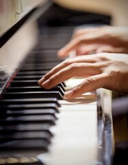 Obraz premium Piano Player - Playing the Piano during Concert or Christmas - Romantic Playing of the Piano - Black Grand Piano during a Performance - Classical Instrument in a Orchestra - Closeup of the Player Hand