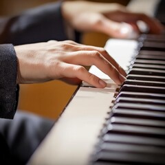 Obraz premium Piano Player - Playing the Piano during Concert or Christmas - Romantic Playing of the Piano - Black Grand Piano during a Performance - Classical Instrument in a Orchestra - Closeup of the Player Hand