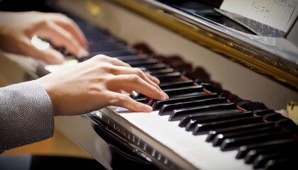 Obraz premium Piano Player - Playing the Piano during Concert or Christmas - Romantic Playing of the Piano - Black Grand Piano during a Performance - Classical Instrument in a Orchestra - Closeup of the Player Hand