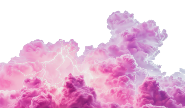 Pink and white storm clouds with lightning bolts, cut out - stock png.
