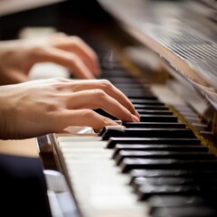 Obraz premium Piano Player - Playing the Piano during Concert or Christmas - Romantic Playing of the Piano - Black Grand Piano during a Performance - Classical Instrument in a Orchestra - Closeup of the Player Hand