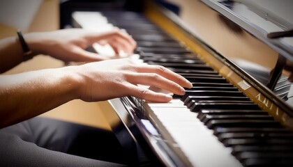 Obraz premium Piano Player - Playing the Piano during Concert or Christmas - Romantic Playing of the Piano - Black Grand Piano during a Performance - Classical Instrument in a Orchestra - Closeup of the Player Hand