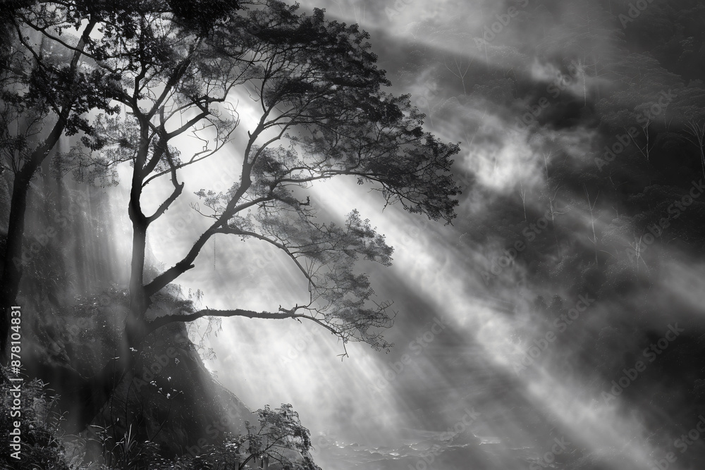 Poster Black and white image of foggy forest, trees in misty river valley. A high contrast black and white photo of nature landscape with fog and sunlight rays through the tree branches.