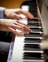 Obraz premium Piano Player - Playing the Piano during Concert or Christmas - Romantic Playing of the Piano - Black Grand Piano during a Performance - Classical Instrument in a Orchestra - Closeup of the Player Hand