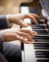 Obraz premium Piano Player - Playing the Piano during Concert or Christmas - Romantic Playing of the Piano - Black Grand Piano during a Performance - Classical Instrument in a Orchestra - Closeup of the Player Hand