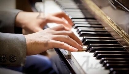 Obraz premium Piano Player - Playing the Piano during Concert or Christmas - Romantic Playing of the Piano - Black Grand Piano during a Performance - Classical Instrument in a Orchestra - Closeup of the Player Hand