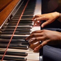 Obraz premium Piano Player - Playing the Piano during Concert or Christmas - Romantic Playing of the Piano - Black Grand Piano during a Performance - Classical Instrument in a Orchestra - Closeup of the Player Hand