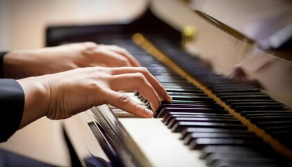 Obraz premium Piano Player - Playing the Piano during Concert or Christmas - Romantic Playing of the Piano - Black Grand Piano during a Performance - Classical Instrument in a Orchestra - Closeup of the Player Hand