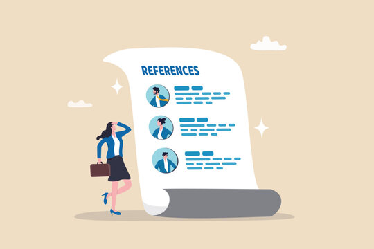 Professional references resume, people who recommend, working experience or recommendation for candidate, skill guarantee concept, business woman with reference people and work experience document.