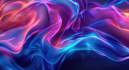 Obraz premium Futuristic trendy background with wavy airy texture of silk neon shiny blue purple fabric in the form of a wave on a dark background. Neon wave. Copy space. Banner
