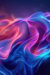 Obraz premium Futuristic trendy background with wavy airy texture of silk neon shiny blue purple fabric in the form of a wave on a dark background. Neon wave. Copy space. Banner