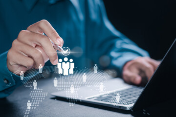 Businessmen search for information to expand their business and gain new customers on a global network. HR management, CRM, Customer service, Teamwork, HR recruitment.