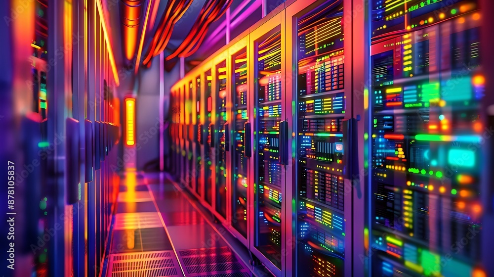 Poster data center with rows of server racks and led lights, vibrant high-tech atmosphere