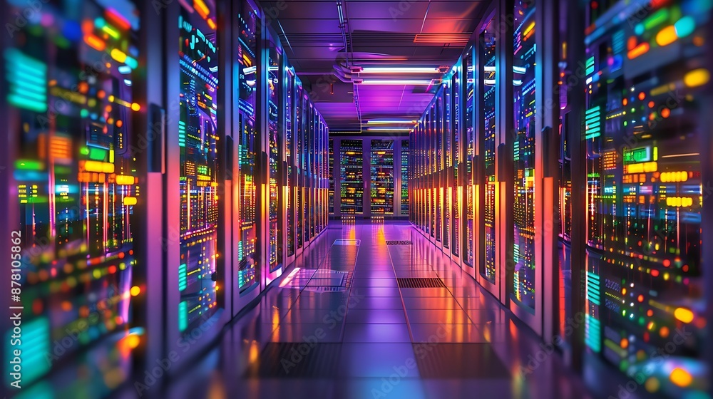Poster data center with rows of server racks and led lights, vibrant high-tech atmosphere