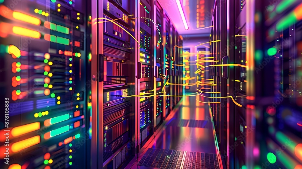 Poster data center with rows of server racks and led lights, vibrant high-tech atmosphere